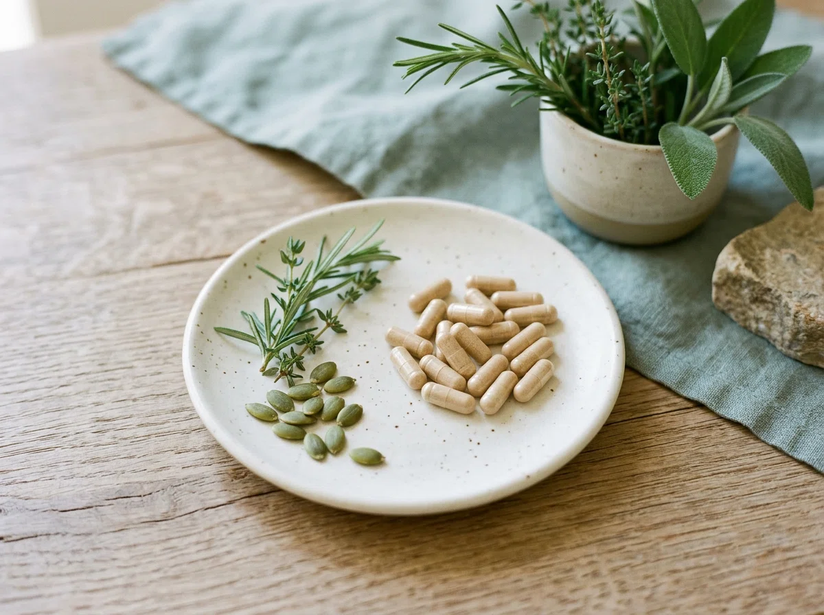 Beige supplement capsules in keramische schaal - Alpha Drive ingrediënten